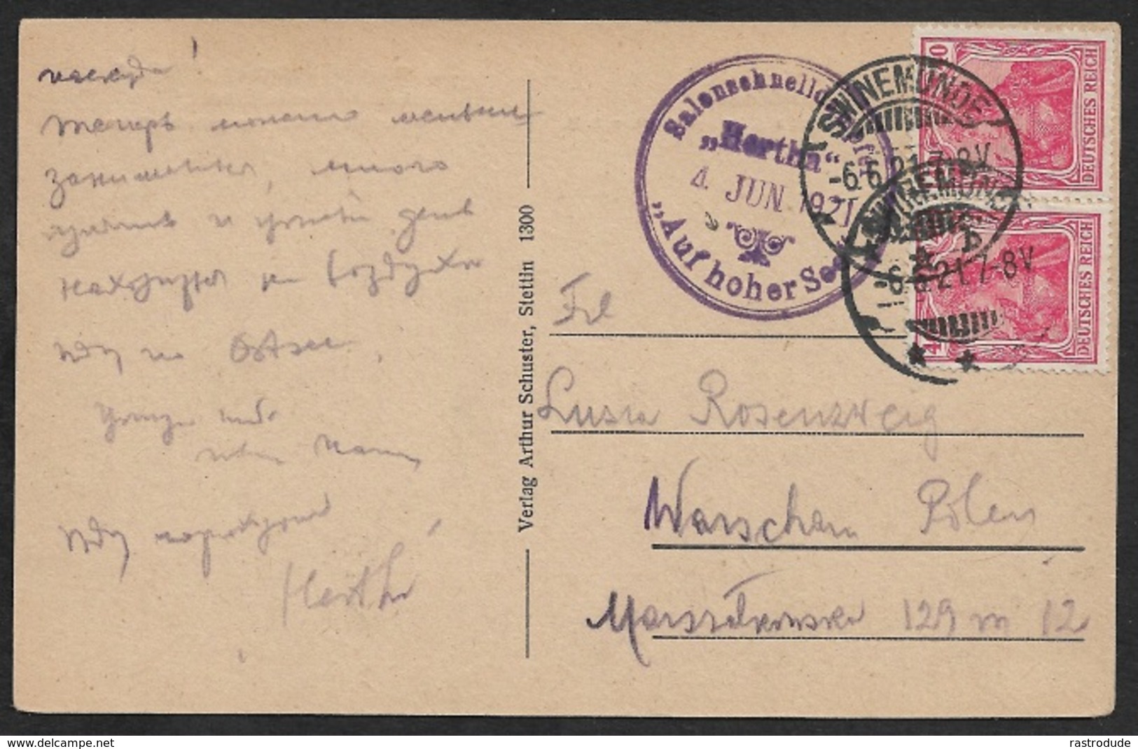 1921 DR - Schiffspost - Salonschnelldampfer HERTHA -  Swinemünde / Świnoujście - Auf Hoher See - Briefe U. Dokumente