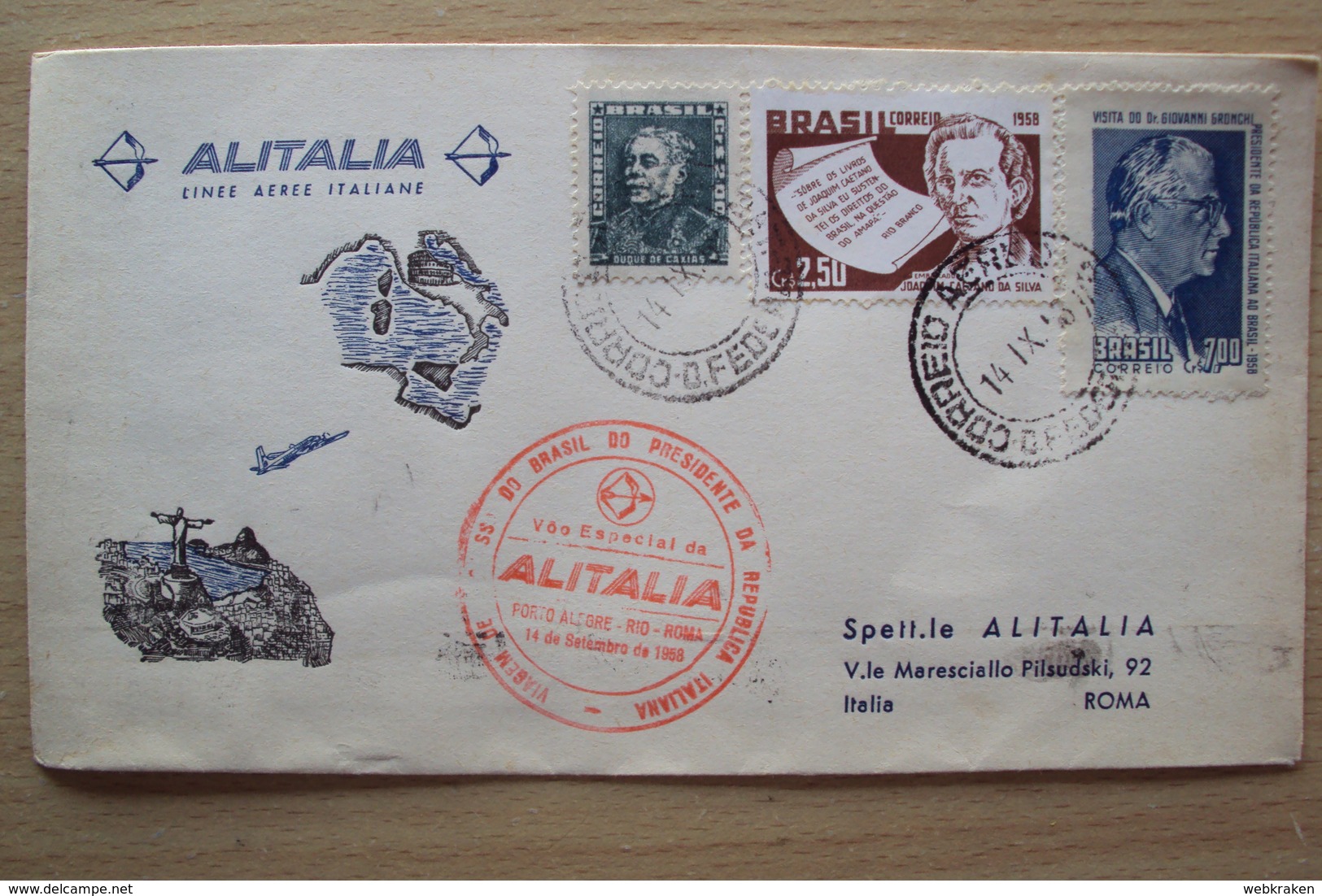 ITALIA BUSTA RICORDO VOLO AEREO DEL PRESIDENTE GRONCHI BRASILE ITALIA 1958 RITORNO CACHET TIMBRO ALITALIA ROSSO - 1946-60: Storia Postale