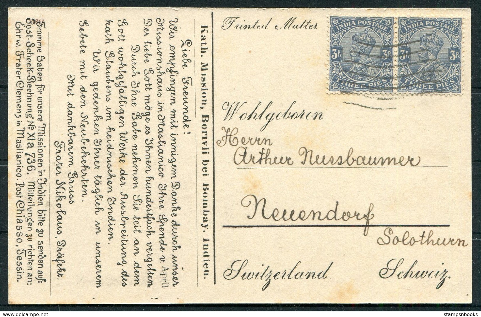 India 3 X Kathol Mission, Borivli Bombay "Liebe Freunde" Postcards - Arthur Nussbaumer, Neuendorf Switzerland - 1911-35 King George V