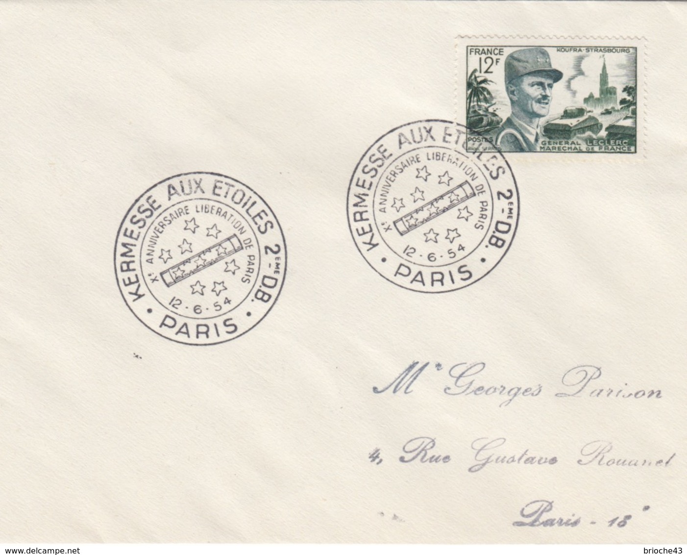 FRANCE - LETTRE CACHET COMMÉMORATIF KERMESSE AUX ETOILES 2e D.B. ANNIV. LIBERATION PARIS 12.6.1954- Yv N°984 954 DOS /1 - Matasellos Conmemorativos