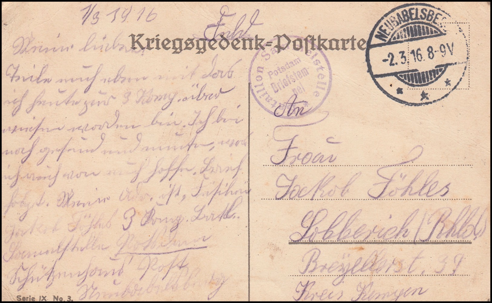 Feldpost BS Bataillon Sammelstelle Potsdam NEUBABELSBERG 2.3.16, Propaganda-AK - Besetzungen 1914-18