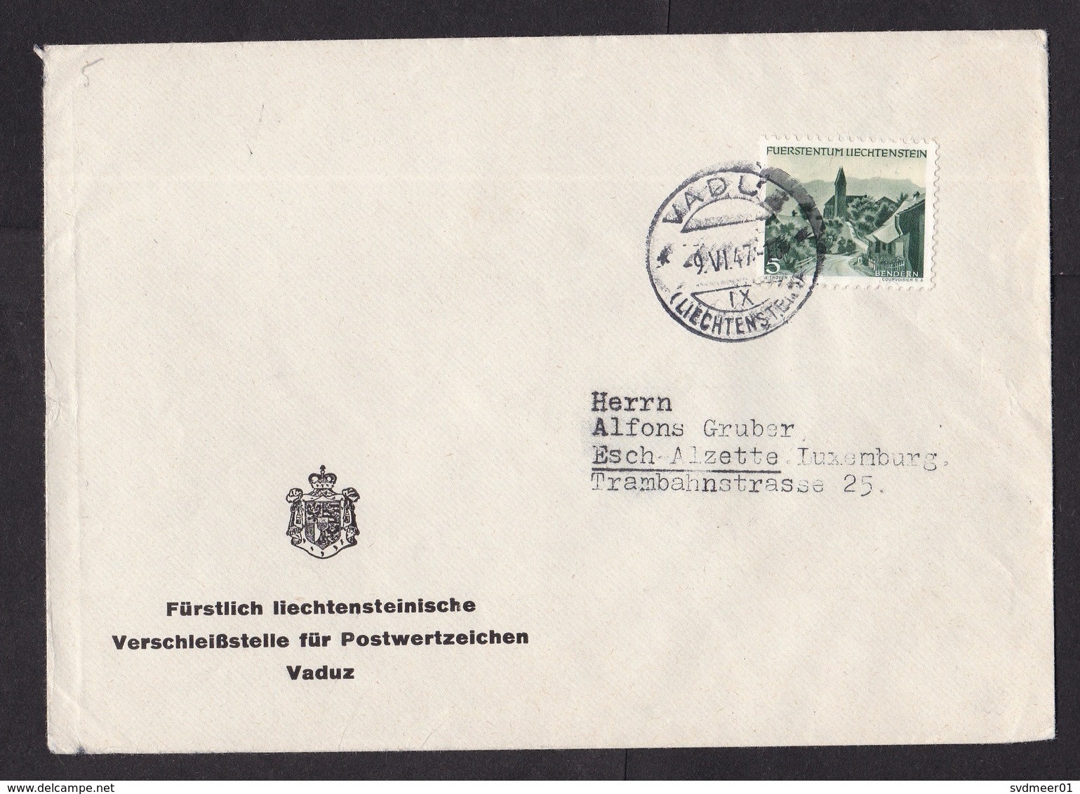 Liechtenstein: Cover To Luxemburg, 1947, 1 Stamp, Church (traces Of Use) - Brieven En Documenten