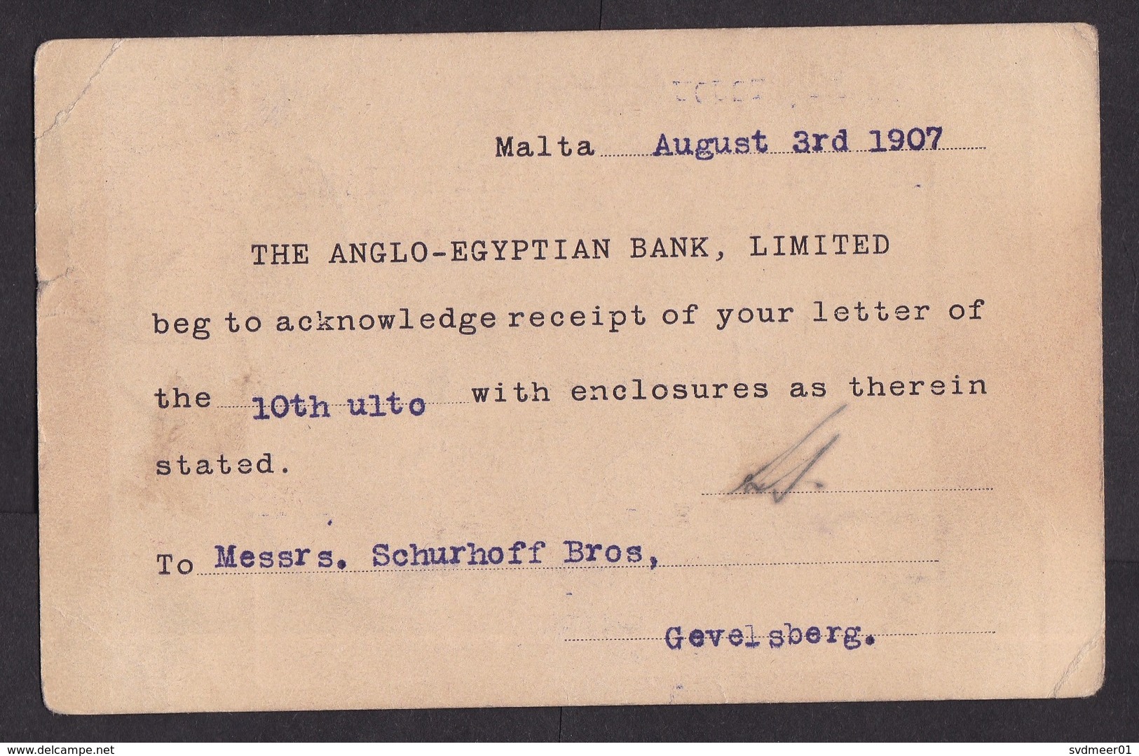 Malta: Stationery Postcard To Germany, 1907, Oval Cancel, Edward VII, From Anglo-Egyptian Bank (minor Damage, See Scan) - Malta (...-1964)