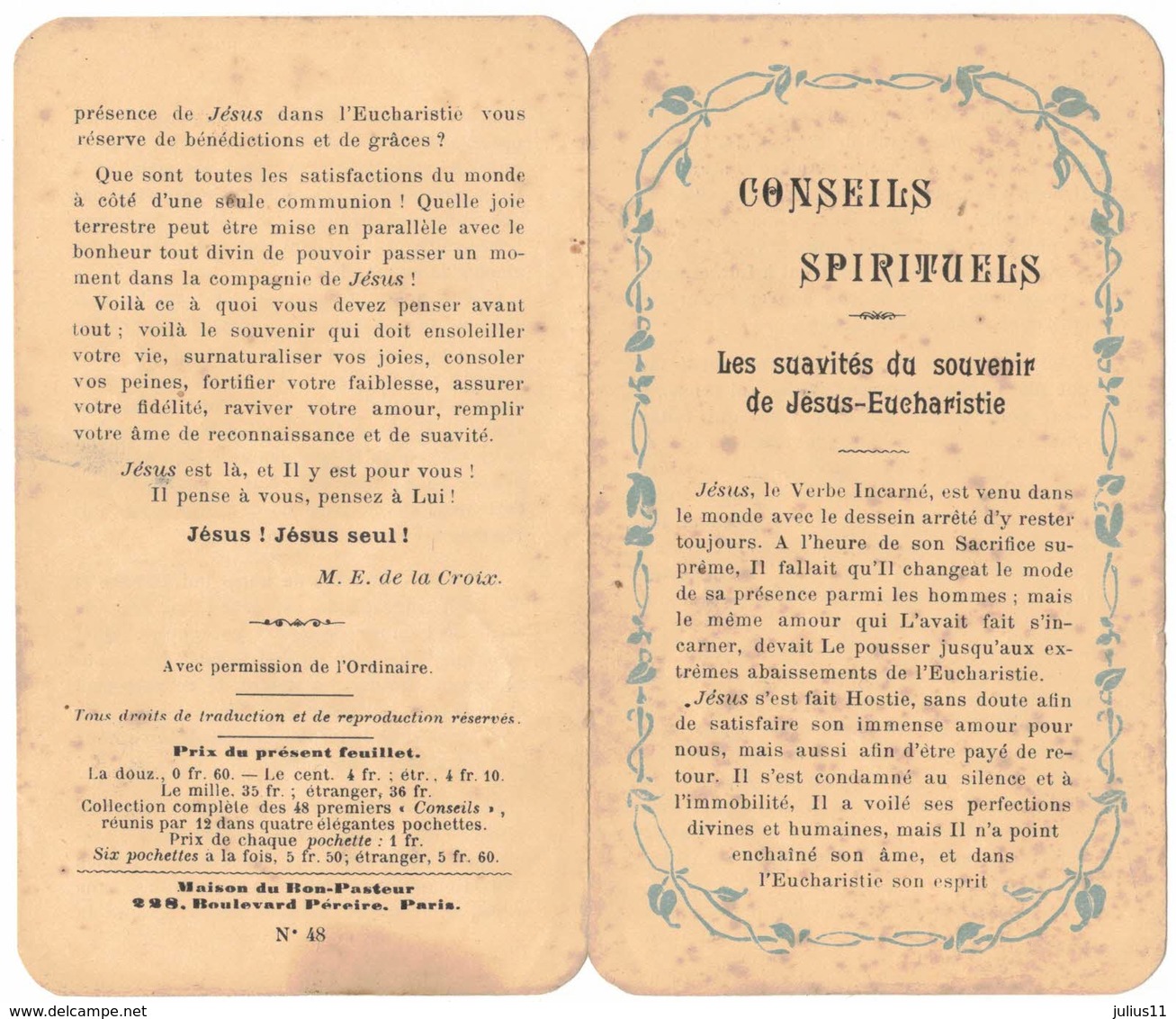 CONSEILS SPIRITUELS LES SUAVITES SOUVENIR DE JESUS EUCHARISTIE IMAGE PIEUSE RELIGIEUSE  HOLY CARD SANTINI HEILIG PRENTJE - Imágenes Religiosas