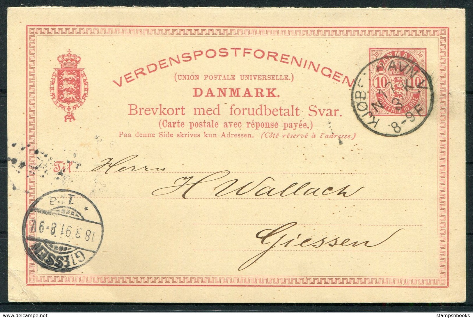 1891 Denmark Stationery Reply Postcard. Kjobenhavns Philatelist Klub KPK. Copenhagen - Giessen - Lettres & Documents