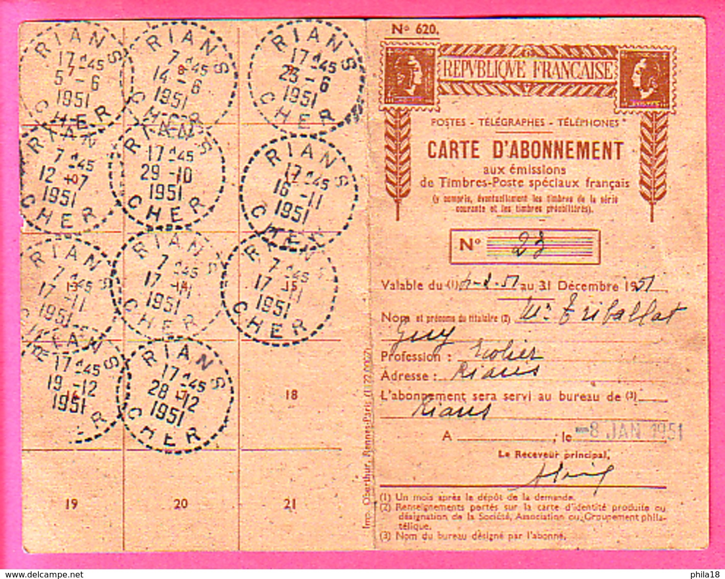 500 F MARSEILLE PA 27 SUR CARTE ABONNEMENT AUX TIMBRES OBLI 1951 RIANS CHER Cachet Bureaux De Distribution Au Type B6 - 1921-1960: Période Moderne