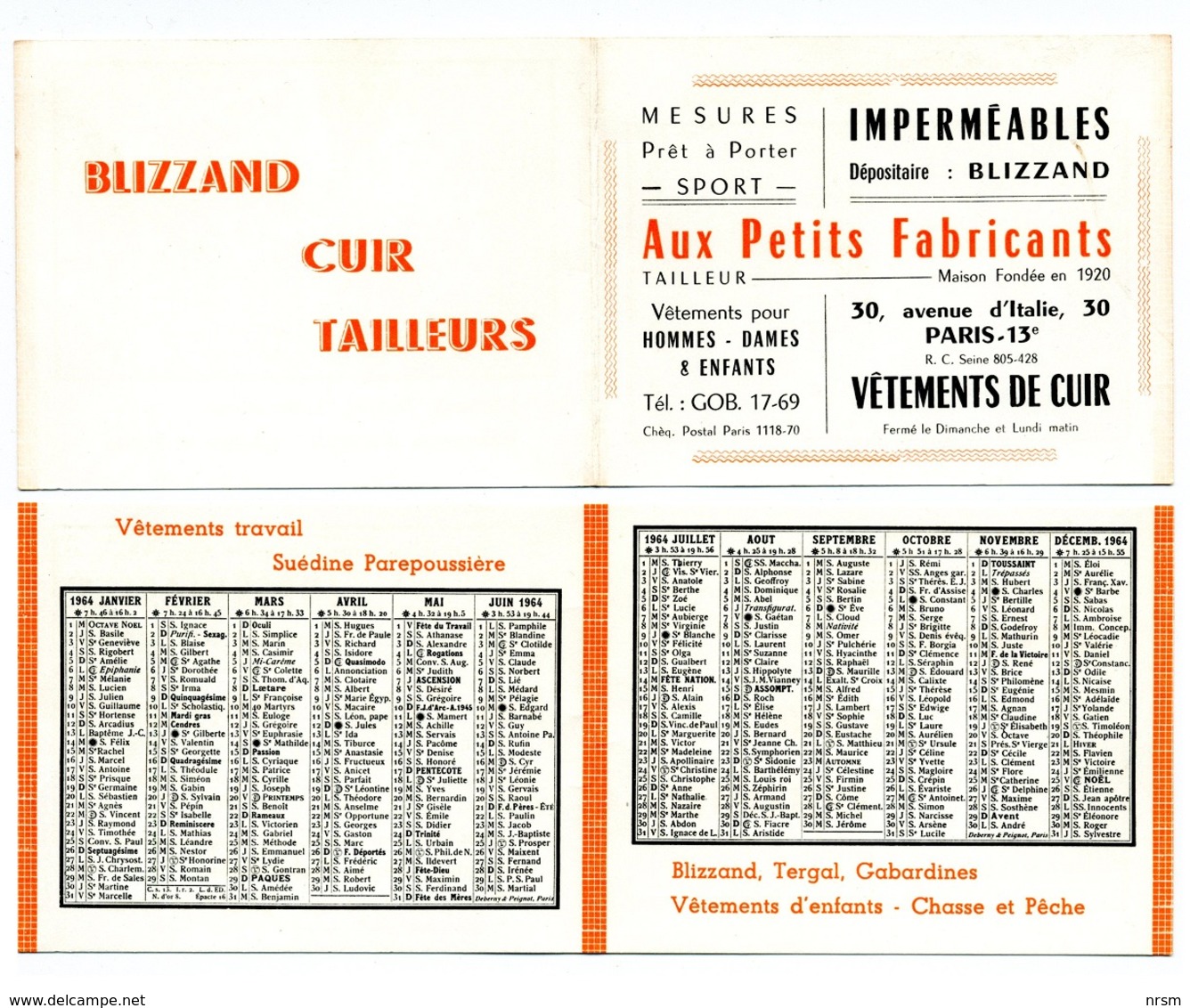 Calendrier 1964 - Aux Petits Fabricants (PARIS) / Vêtements - Formato Piccolo : 1961-70