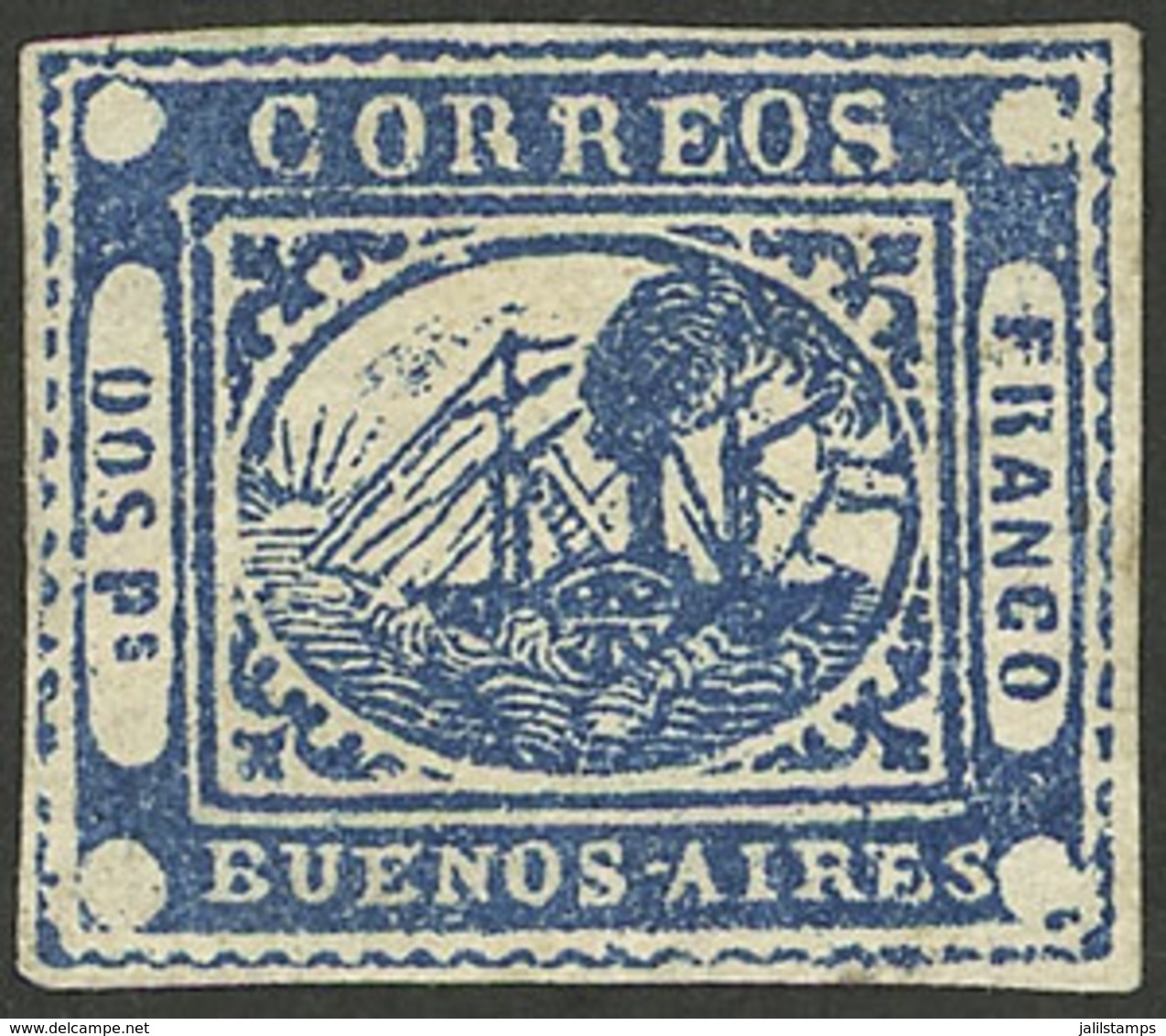 ARGENTINA: GJ.5, Dos Ps Blue, Unused, Without Gum, Spectacular Example With 4 Superb Margins, Extremely Rare In This Pre - Buenos Aires (1858-1864)