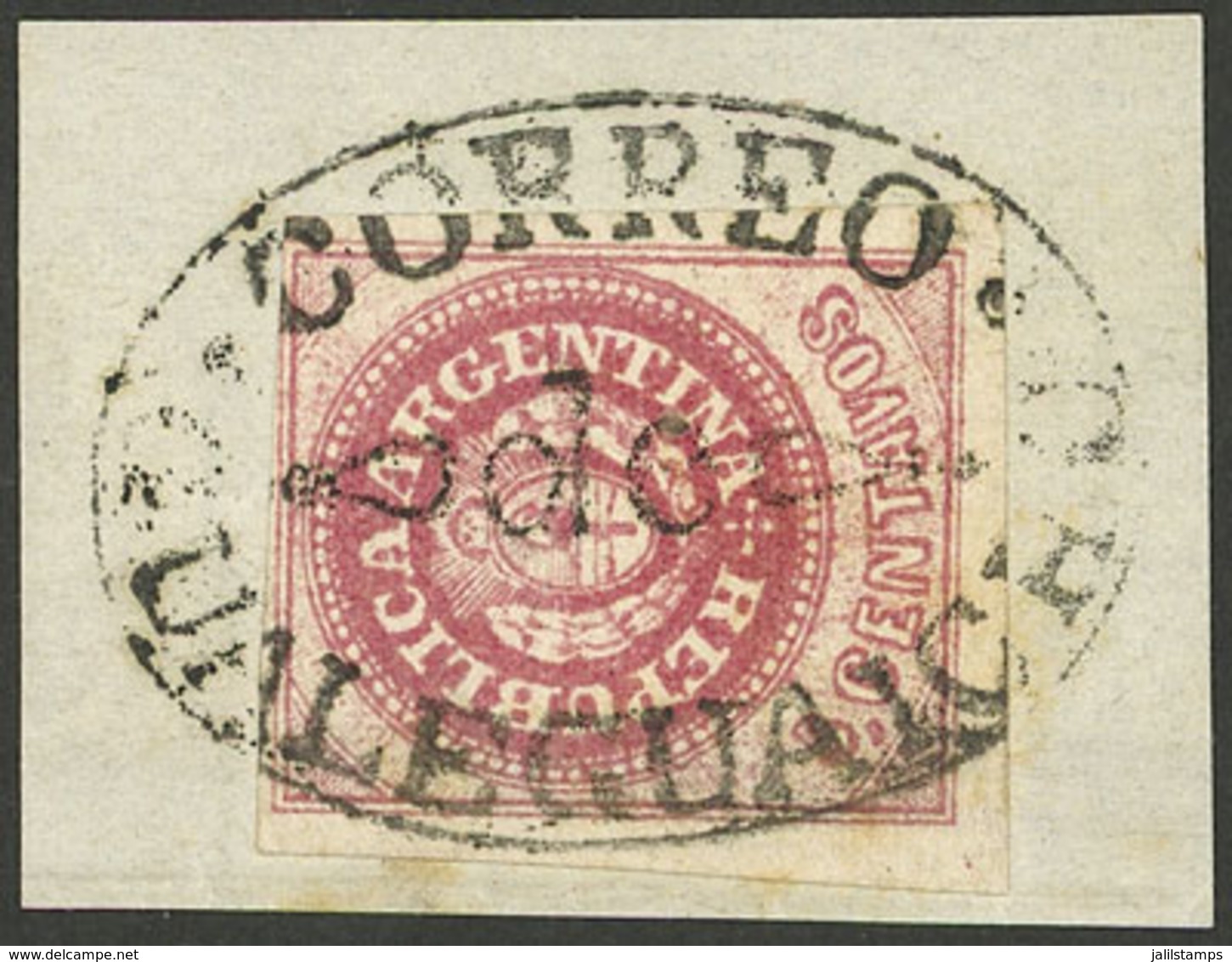 ARGENTINA: GJ.12, 5c. Carmine-rose, Semi-worn Plate, On Fragment With Complete Ellipe Cancel Of GUALEGUAYCHU, Superb - Unused Stamps