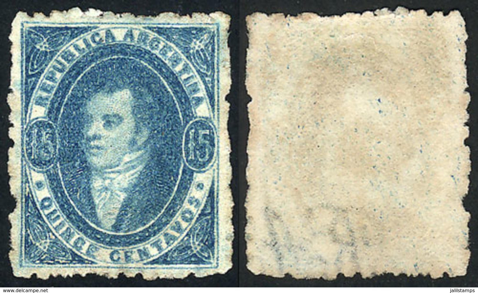 ARGENTINA: GJ.24, 15c. Light Blue, Worn Impression, VERY SHIFTED WATERMARK Variety, To Lower Right, Mint No Gum, 4 Ample - Usados