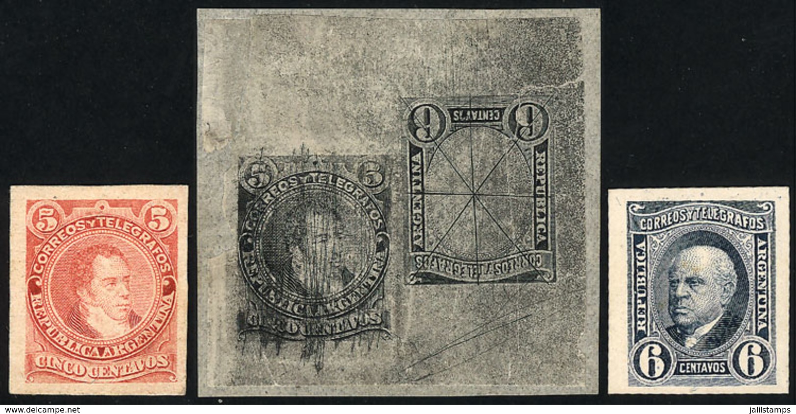 ARGENTINA: GJ.105 + 108, 5c. Rivadavia Type I + 6c. Sarmiento, DOUBLE DIE PROOF Formed By A 5c. Type I And The Frame Of  - Otros & Sin Clasificación