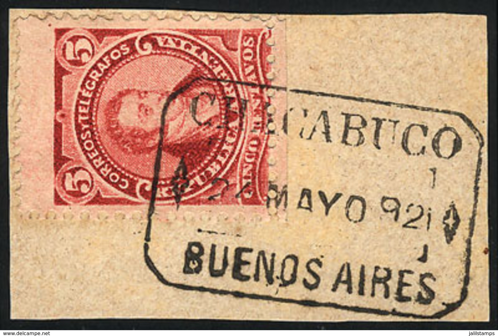 ARGENTINA: GJ.106, 5c. Rivadavia, Type II, On Fragment With Rectangular Datestamp Of CHACABUCO, VF Quality - Autres & Non Classés