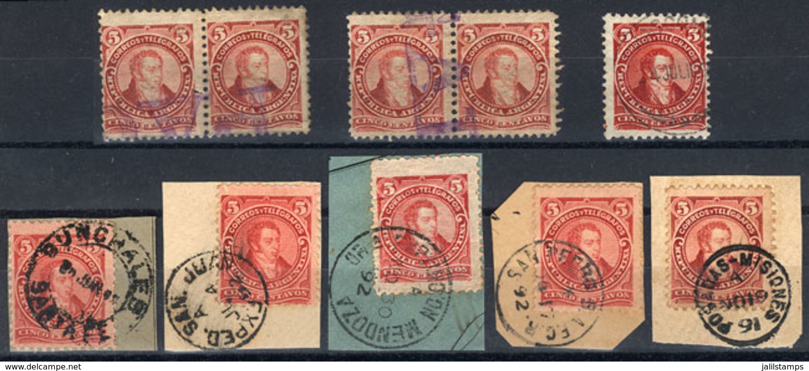 ARGENTINA: GJ.106, 5c. Rivadavia, Type II, 10 Used Stamps (5 On Fragments) With Interesting Cancels, VF Quality - Other & Unclassified