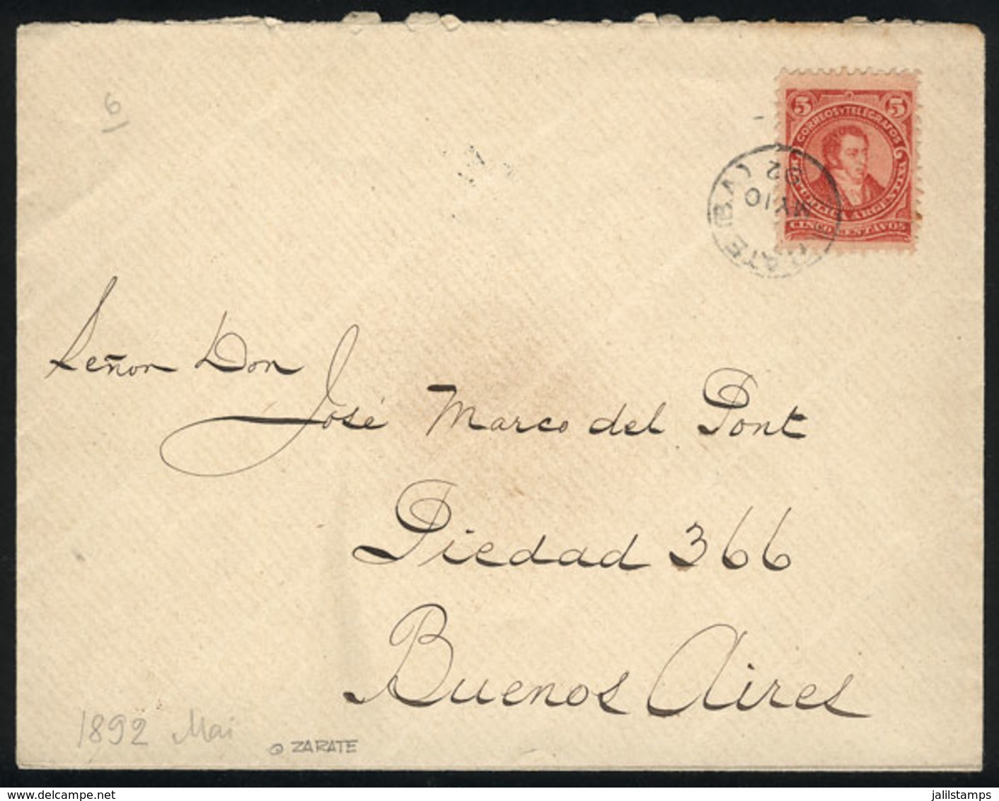 ARGENTINA: GJ.106, 5c. Rivadavia, Type II, On Cover Sent From ZÁRATE To Buenos Aires On 10/MAY/1892, VF Quality - Otros & Sin Clasificación