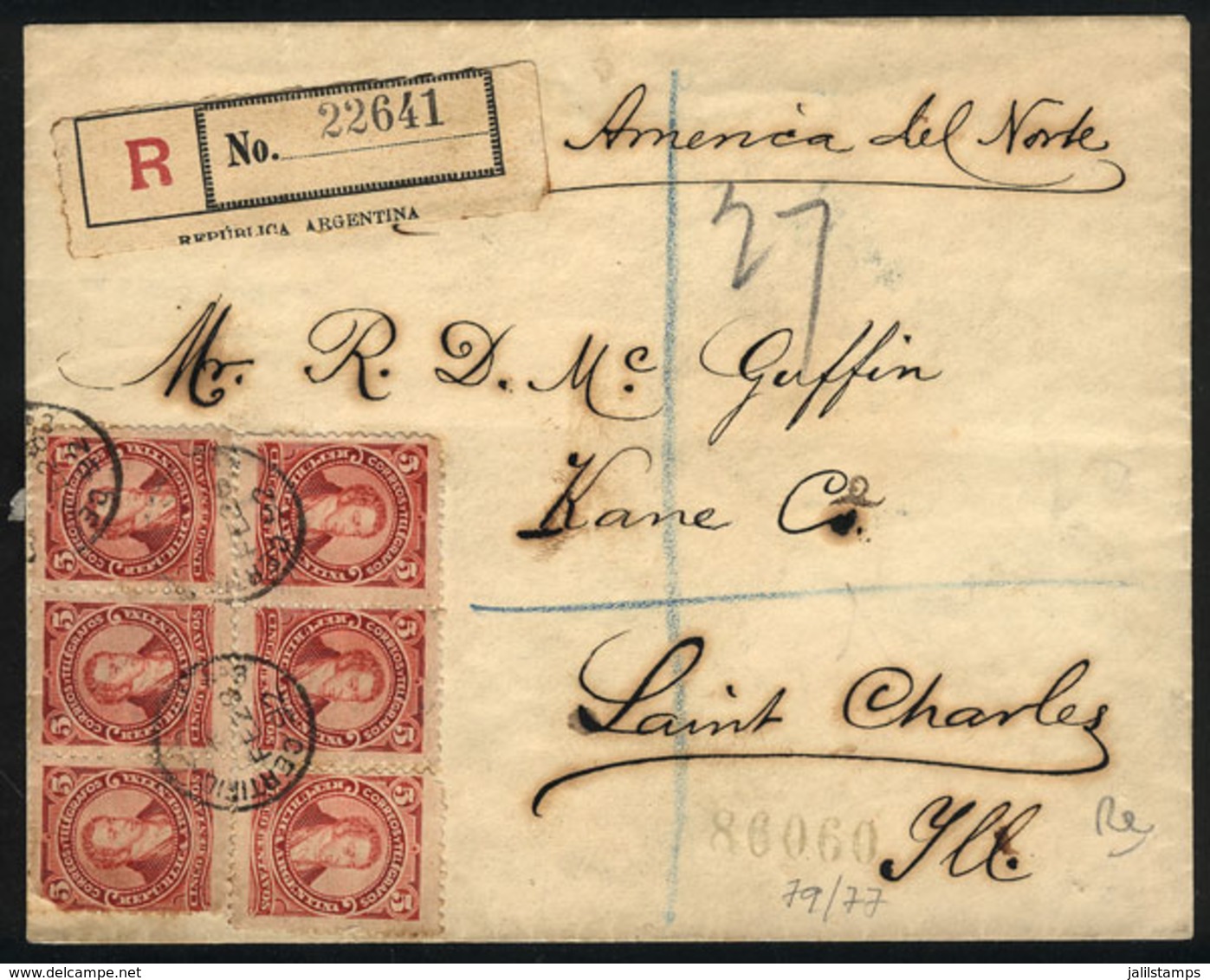 ARGENTINA: GJ.106, 5c. Rivadavia, Type II, 6 Stamps (strip Of 3, One Stamp With Torn Corner + Pair + Single) On A Regist - Autres & Non Classés