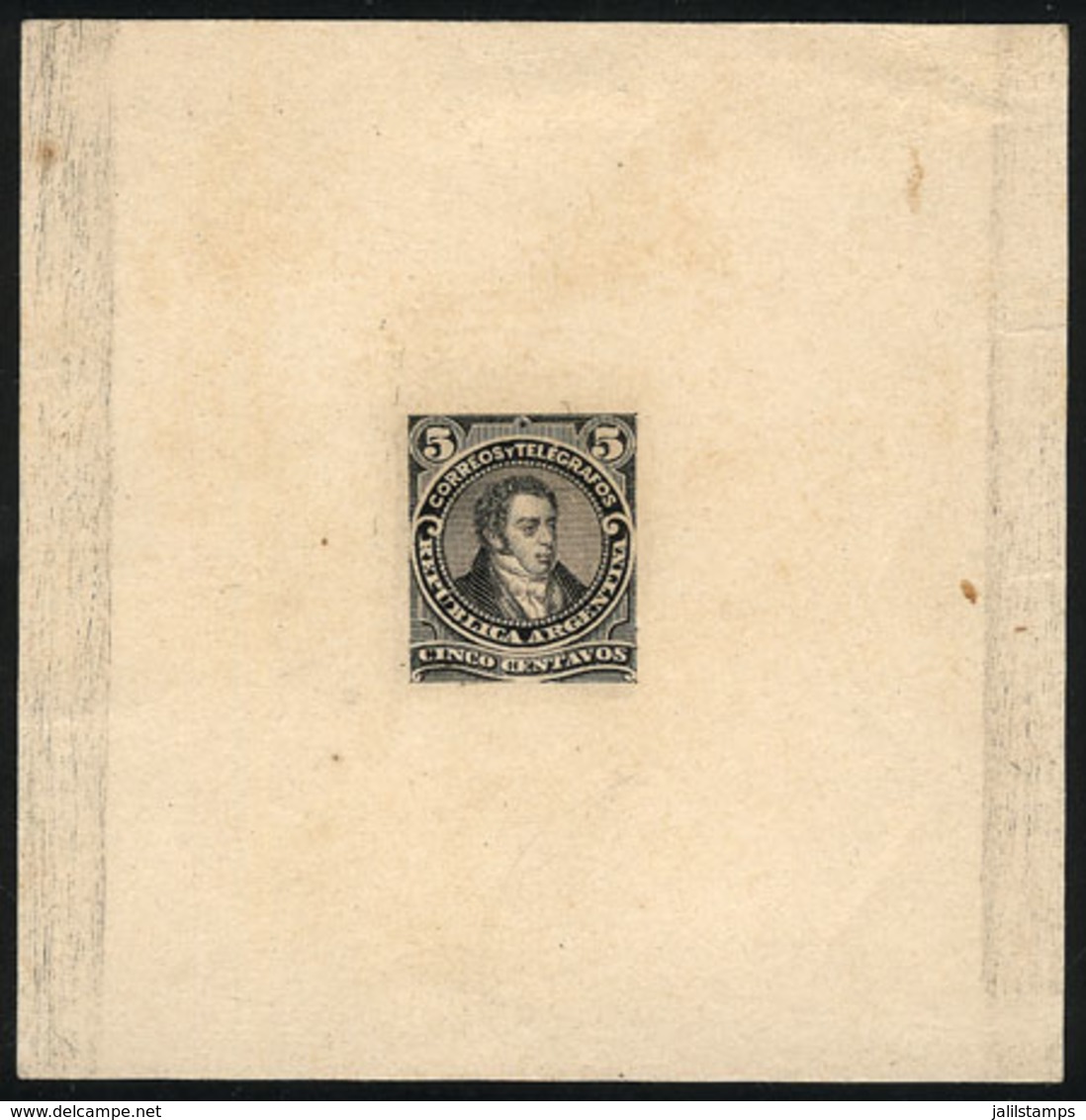 ARGENTINA: GJ.107, 5c. Bernardino Rivadavia, Type III, DIE PROOF, FIRST STAGE, Black Color, Very Thick Paper, The Lower  - Otros & Sin Clasificación