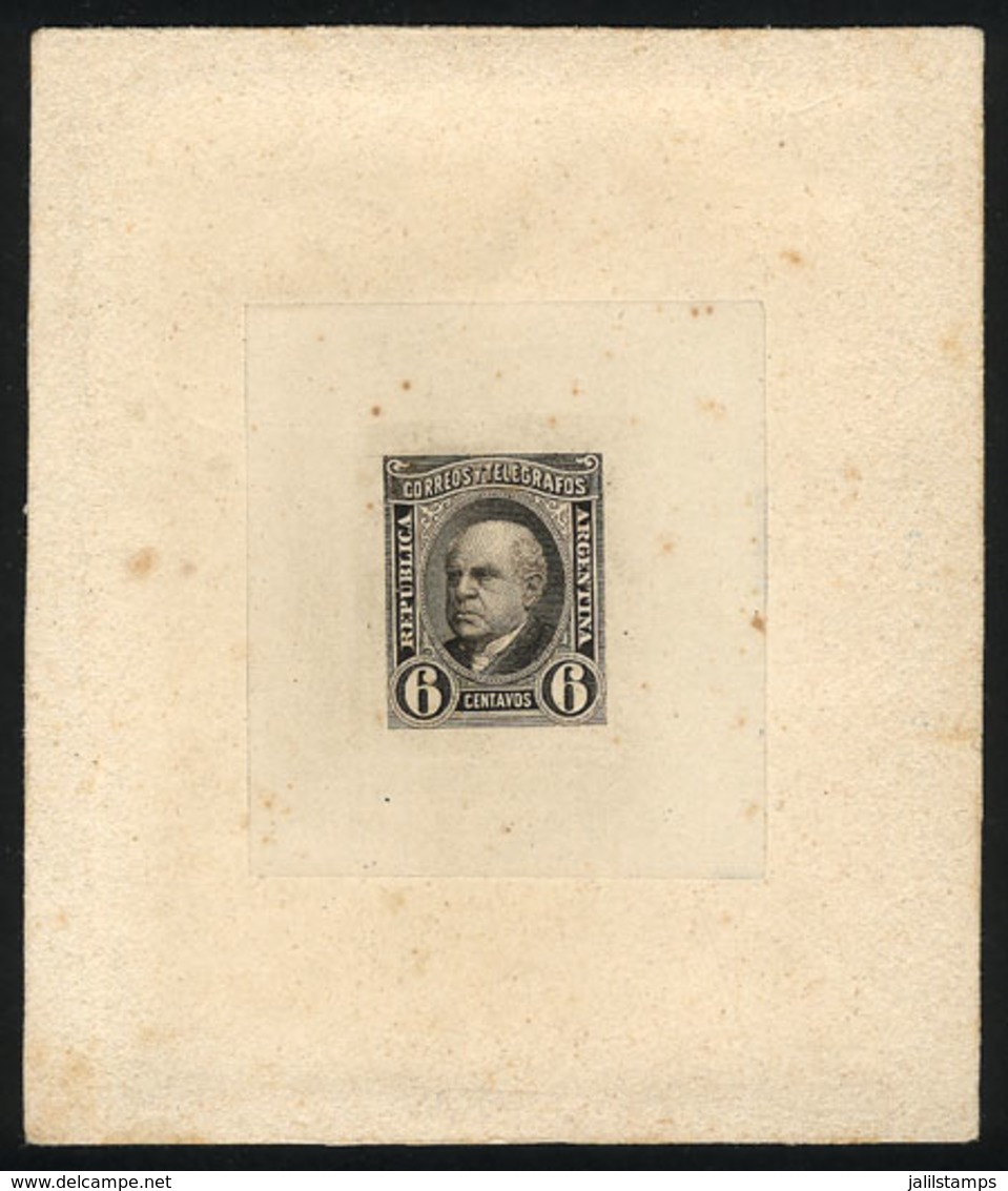 ARGENTINA: GJ.108, 6c. Sarmiento, DIE PROOF, SECOND STAGE (definitive), Black, Thin Paper Glued To Card, VF Quality! - Autres & Non Classés