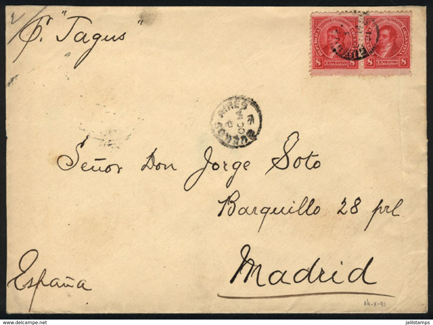 ARGENTINA: GJ.109, 8c. Rivadavia, Pair On Cover Sent From Buenos Aires To Madrid On 14/OC/1891, VF Quality - Otros & Sin Clasificación