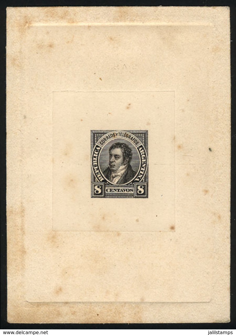 ARGENTINA: GJ.109, 8c. Rivadavia, DIE PROOF In Intense Black Color, Thin Paper Glued To Card, Very Nice! - Other & Unclassified