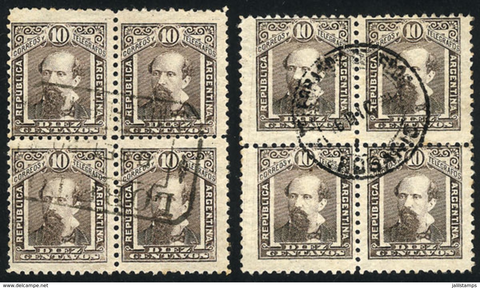 ARGENTINA: GJ.110, 10c. Avellaneda, 2 Used Blocks Of 4, With Datestamps Of LORETO (rectangular, Rare!!) And Rosario (cir - Other & Unclassified