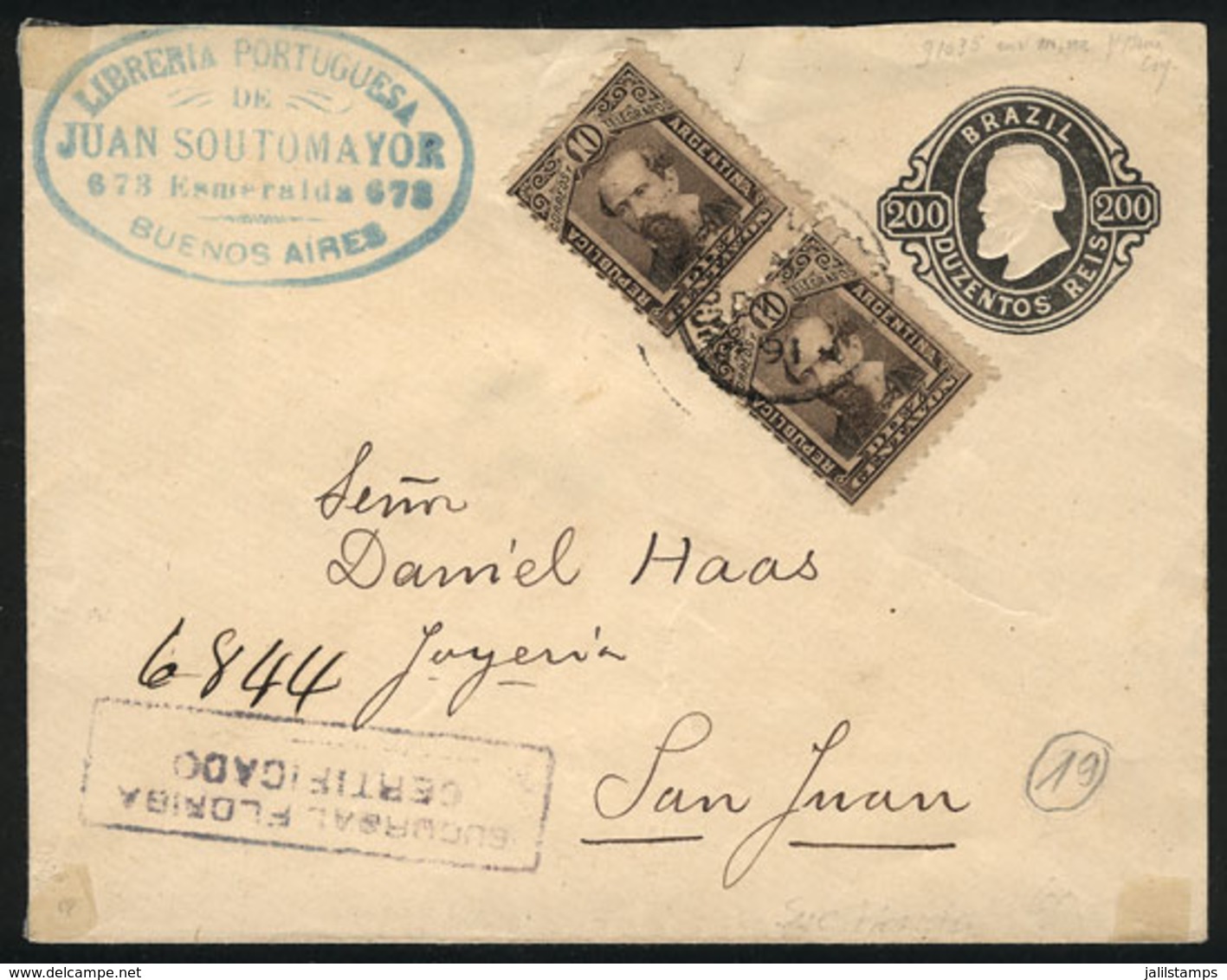 ARGENTINA: GJ.110, 10c. Avellaneda, Pair On Cover (postal Stationery Of BRAZIL), Sent By Registered Mail From Buenos Air - Otros & Sin Clasificación