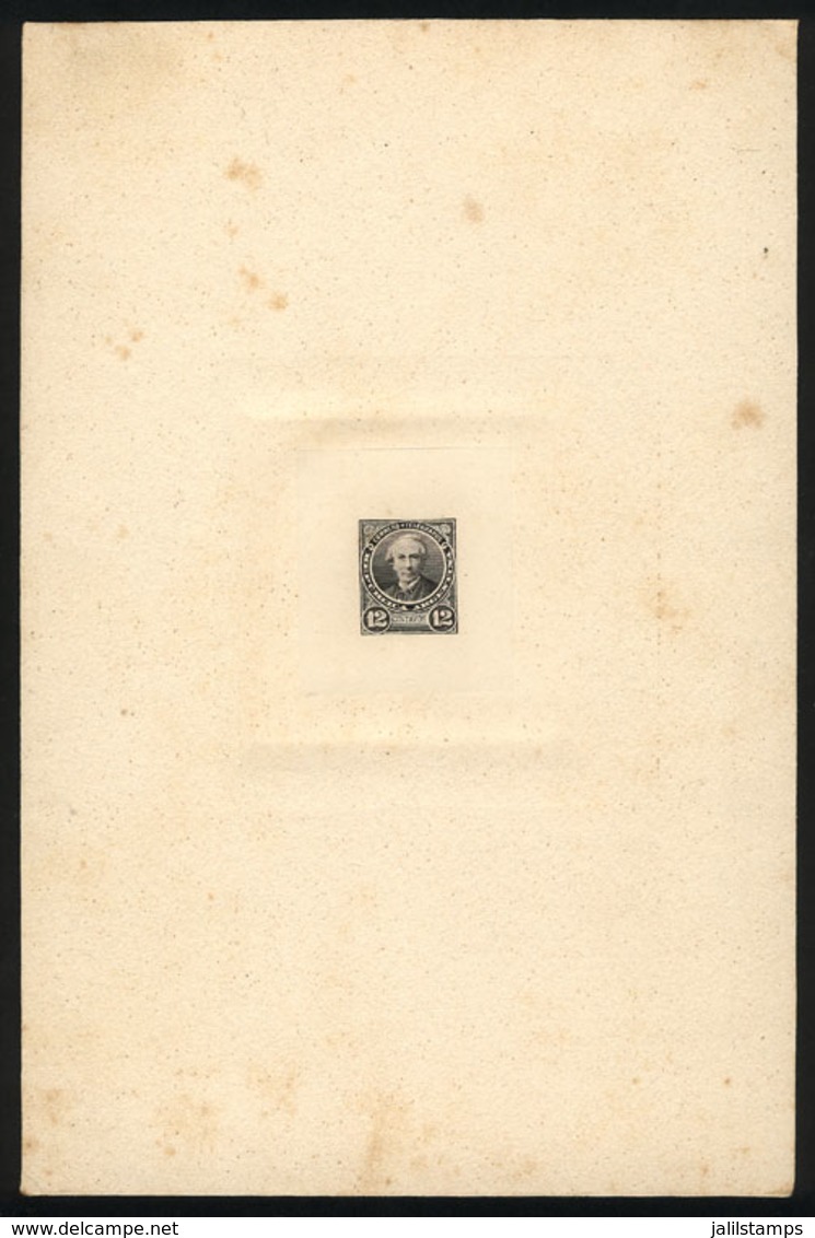 ARGENTINA: GJ.111, 12c. Alberdi, DIE PROOF In Black, Thin Paper Glued To Card, With Few Stain Spots, Else VF Quality - Otros & Sin Clasificación