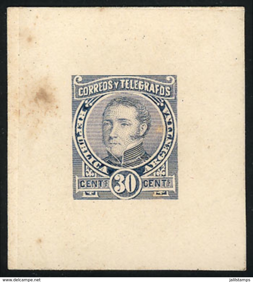 ARGENTINA: 30c. Dorrego  (unissued), DIE ESSAY In Light Ultramarine, Printed On Thin Paper Glued To Card, VF Quality - Autres & Non Classés