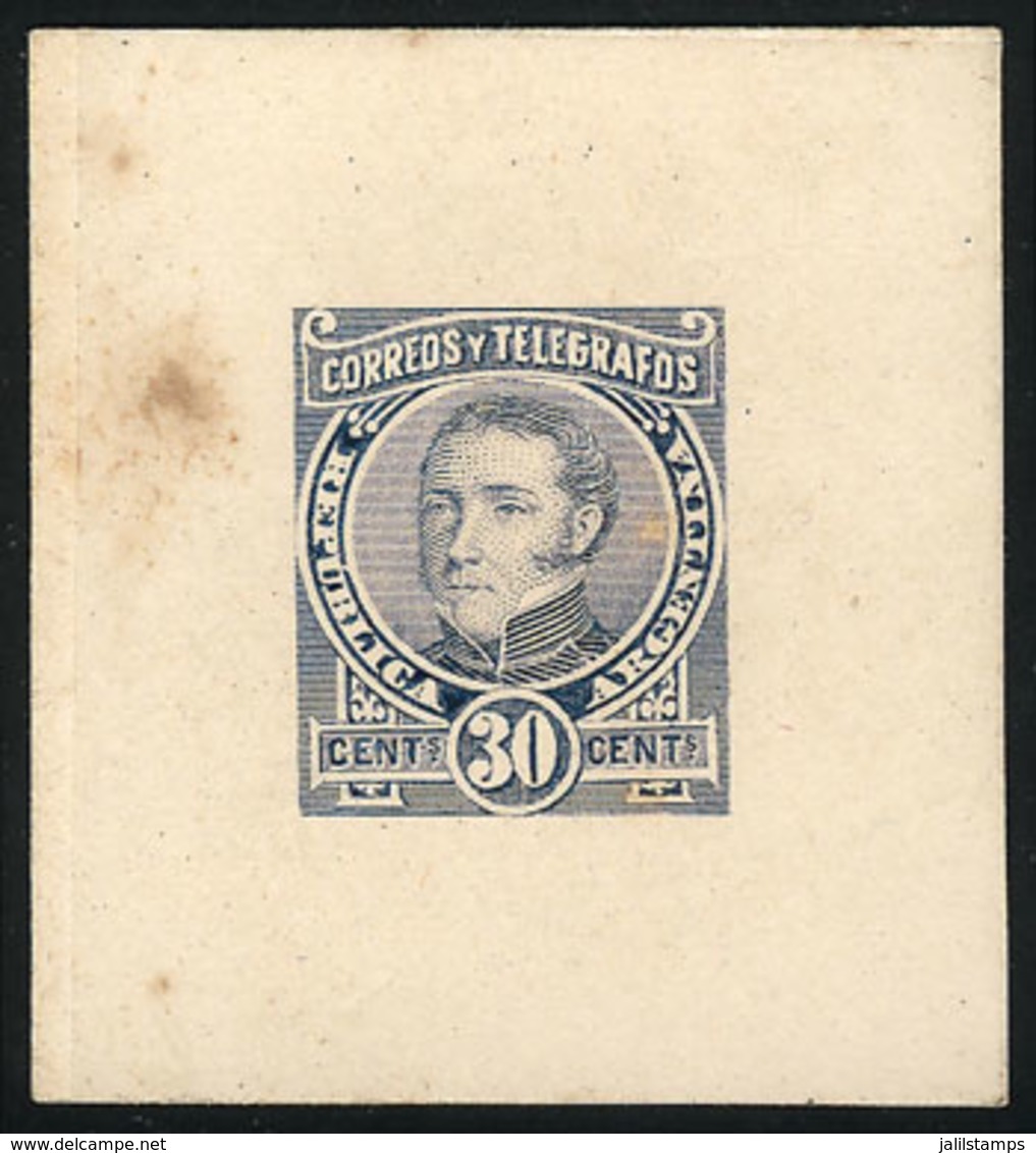 ARGENTINA: 30c. Dorrego  (unissued), DIE ESSAY In Light Ultramarine, Printed On Thin Paper Glued To Card, VF Quality - Altri & Non Classificati