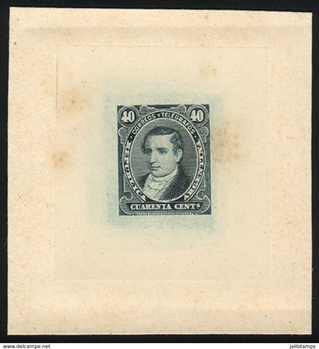 ARGENTINA: GJ.112, 40c. Moreno, DIE PROOF In Dark Bluish Green, Thin Paper Glued To Card, VF Quality - Autres & Non Classés