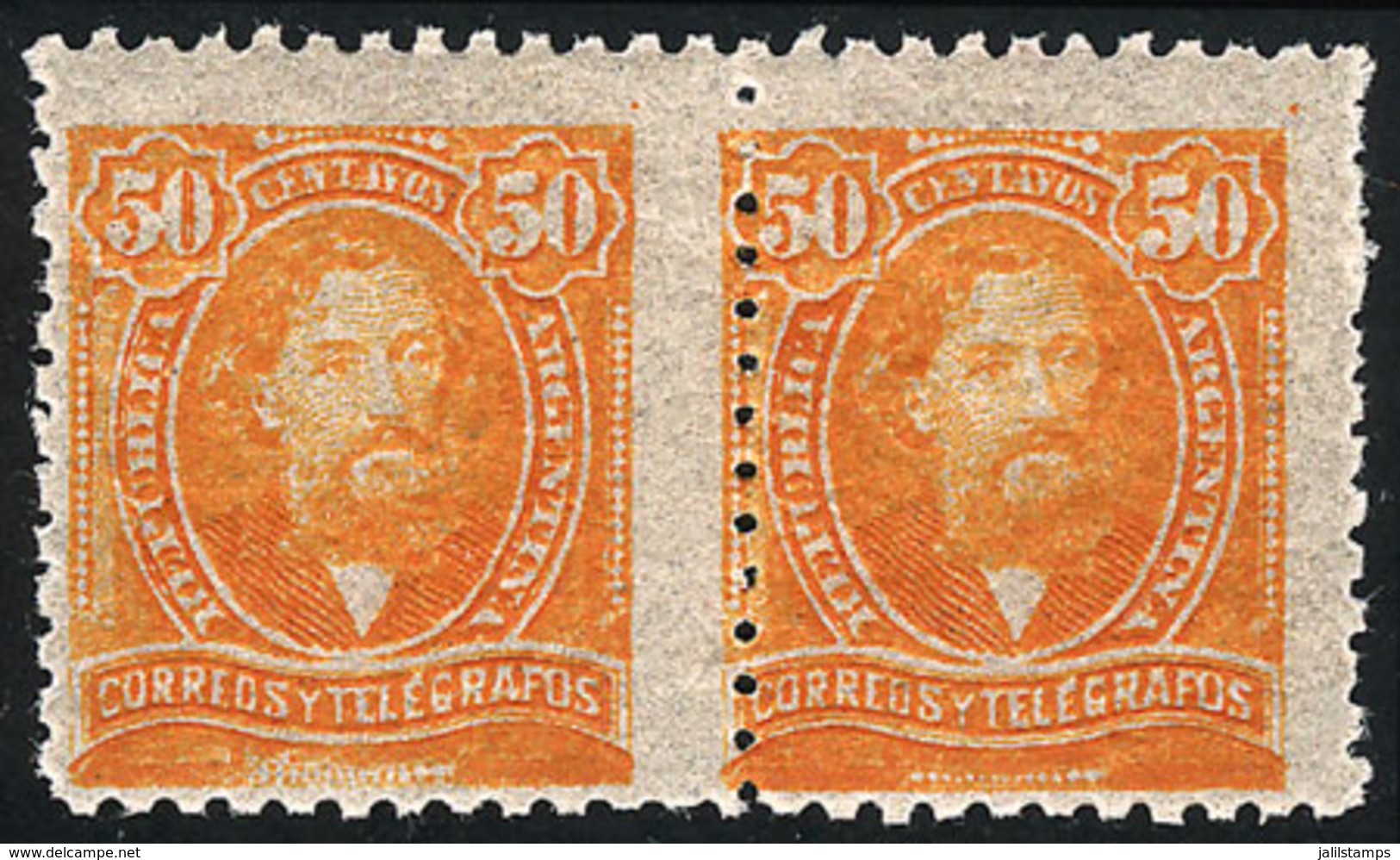 ARGENTINA: GJ.113, 50c. Mitre, Pair With Perforation Variety (SALTO DE PEINE, The Left Stamp Is Much Wider!), VF Quality - Otros & Sin Clasificación