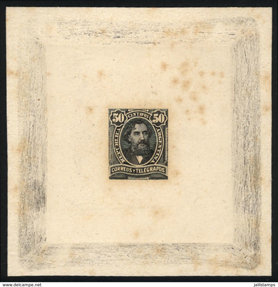 ARGENTINA: GJ.113, 50c. Mitre, DIE PROOF In Black, Very Thick Paper, With Some Stain Spots, Rare! - Autres & Non Classés