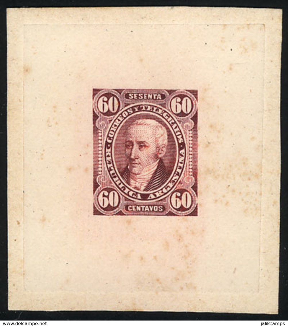 ARGENTINA: GJ.114, 60c. Posadas, DIE PROOF In Lilac, Thin Paper Glued To Card, With Stain Spots. - Autres & Non Classés