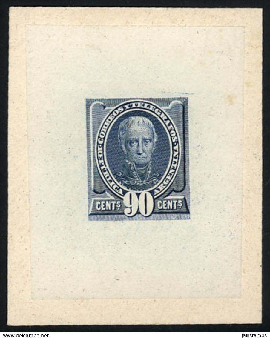 ARGENTINA: 90c. Saavedra (unissued), DIE ESSAY In Blue, Printed On Thin Paper Glued To Card, VF Quality - Other & Unclassified