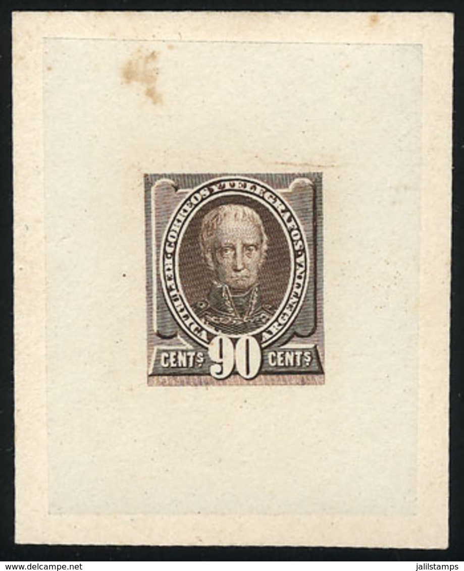 ARGENTINA: 90c. Saavedra (unissued), DIE ESSAY In Light Dun, Printed On Thin Paper Glued To Card, VF Quality - Autres & Non Classés