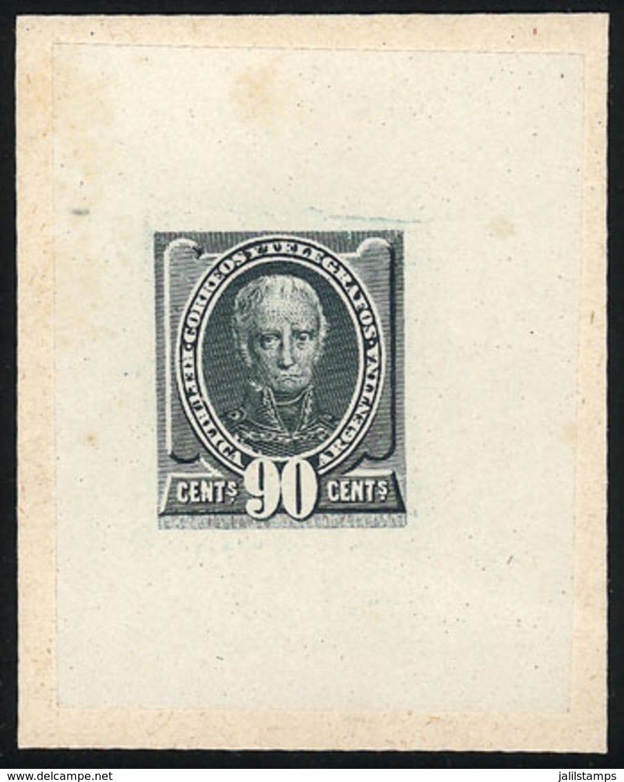 ARGENTINA: 90c. Saavedra (unissued), DIE ESSAY In Grayish Dark Green, Printed On Thin Paper Glued To Card, VF Quality - Other & Unclassified