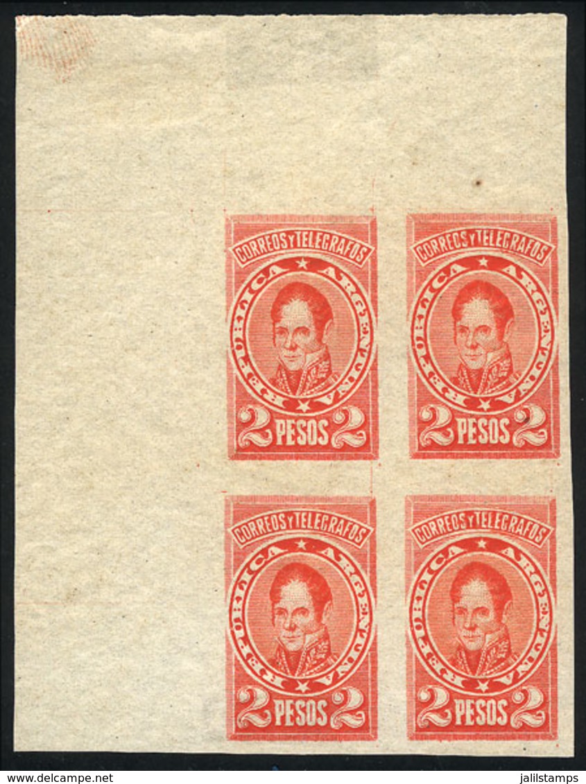 ARGENTINA: 2P. Rondeau (unissued), TRIAL COLOR PROOF In Red, Printed On Thin Paper, Corner Block Of 4, VF Quality - Other & Unclassified