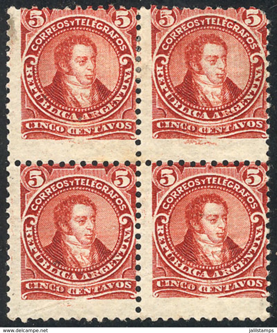 ARGENTINA: GJ.127, 5c. Rivadavia, Type III, Perf 11½x12, Block Of 4, Unused, Without Gum, VF Quality, Very Rare! - Otros & Sin Clasificación