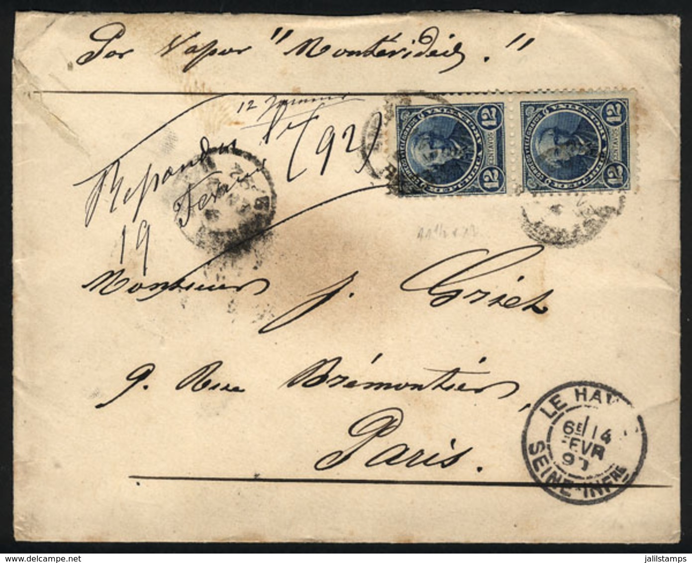 ARGENTINA: GJ.129, 12c. Alberdi, Perf 11½x12, Pair On Cover Sent From Buenos Aires To Paris On 12/JA/1892 - Autres & Non Classés