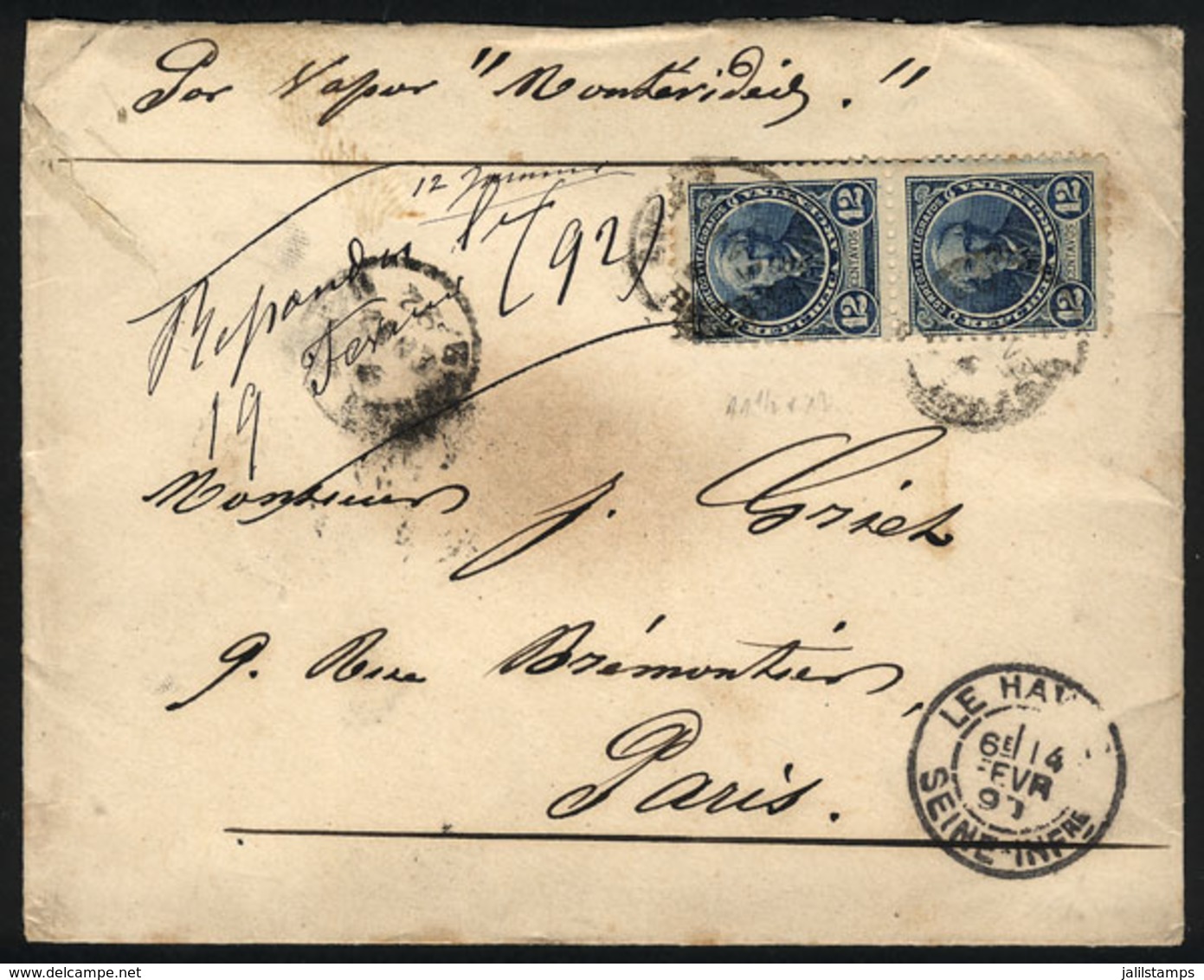 ARGENTINA: GJ.129, 12c. Alberdi, Perf 11½x12, Pair On Cover Sent From Buenos Aires To Paris On 12/JA/1892 - Otros & Sin Clasificación