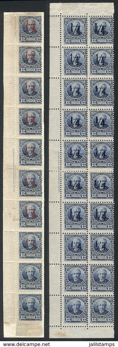 ARGENTINA: GJ.131/132, Provisionals, OVERPRINT PROOFS, Vertical Strip Of 10 Stamps With 8 Different Red Overprint Proofs - Otros & Sin Clasificación