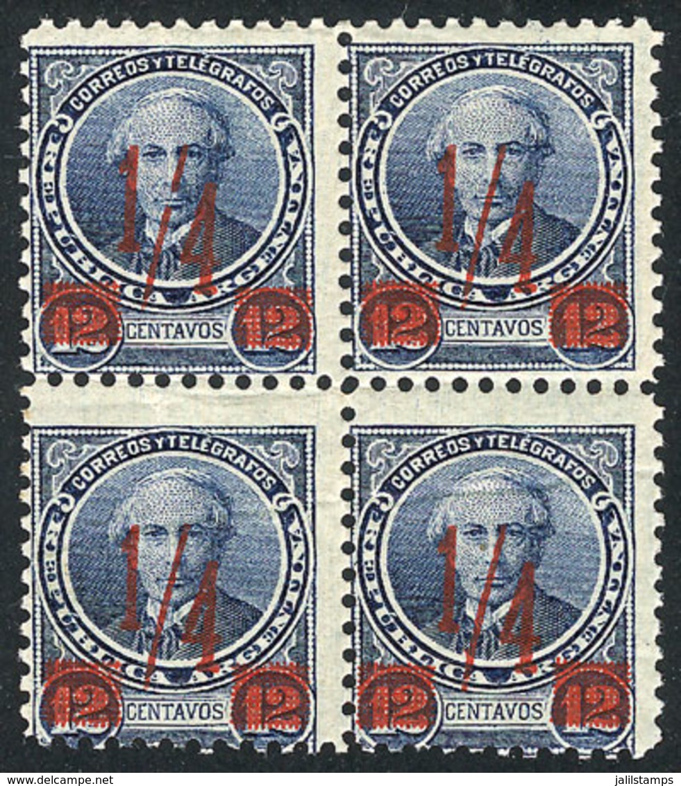 ARGENTINA: GJ.132, ¼c. On 12c. Provisional, Perf 11½, Red Overprint, Block Of 4, Unused, Without Gum, Minor Faults, Low  - Otros & Sin Clasificación