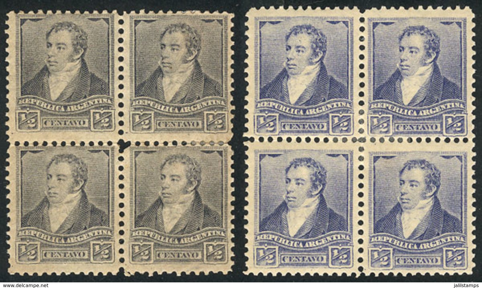 ARGENTINA: GJ.137 + 137A, ½c. Rivadavia, Small Sun Wmk, Perf 11½, In Slate Blue And Bright Ultramarine, Blocks Of 4, VF  - Altri & Non Classificati