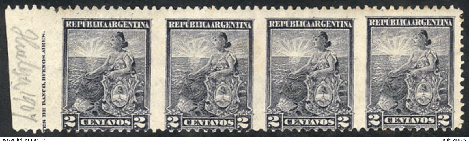 ARGENTINA: GJ.219PV, 2c. Seated Liberty, Perf 11½, Strip Of 4 Imperforate Vertically, With Sheet Margin And Printer Impr - Otros & Sin Clasificación