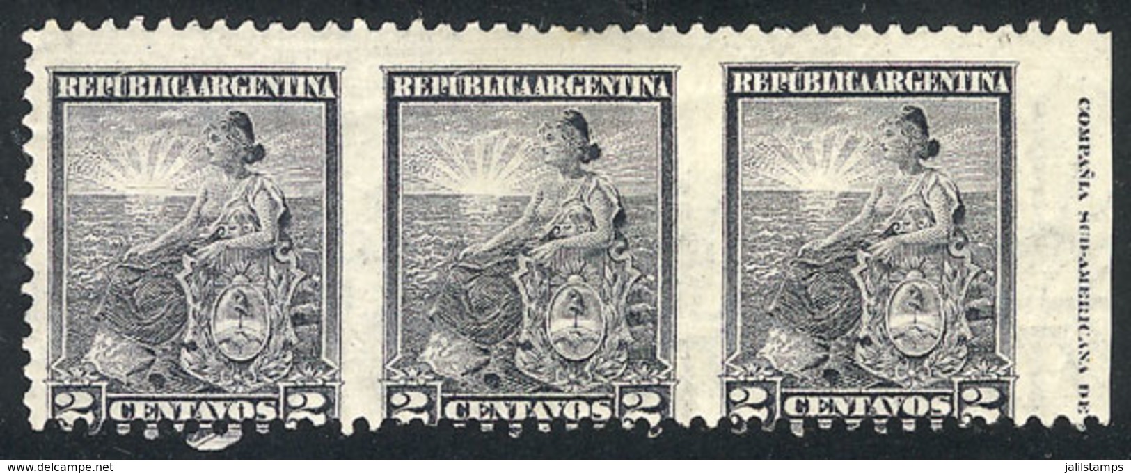 ARGENTINA: GJ.219PV, 2c. Seated Liberty, Perf 11½, Strip Of 3 Stamps Imperforate Vertically, With Sheet Margin, VF Quali - Other & Unclassified