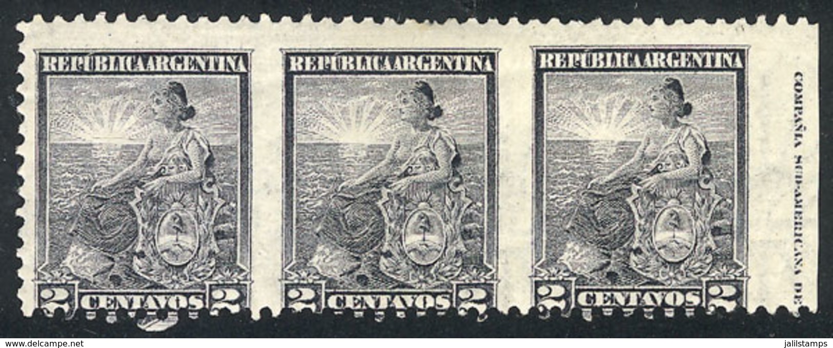 ARGENTINA: GJ.219PV, 2c. Seated Liberty, Perf 11½, Strip Of 3 Stamps Imperforate Vertically, With Sheet Margin, VF Quali - Otros & Sin Clasificación