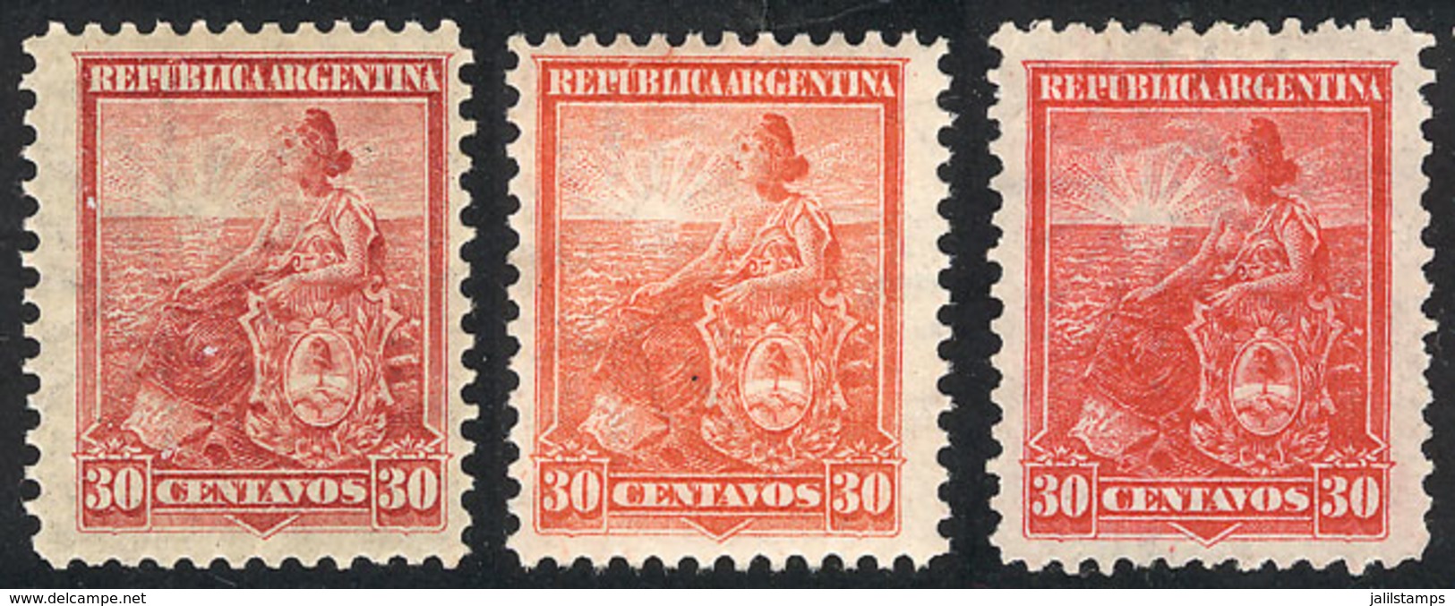 ARGENTINA: GJ.231 + 232 + 233, 30c. Seated Liberty, In Rose, Dull Vermilion And Bright Red (unused, Without Gum), VF Qua - Other & Unclassified