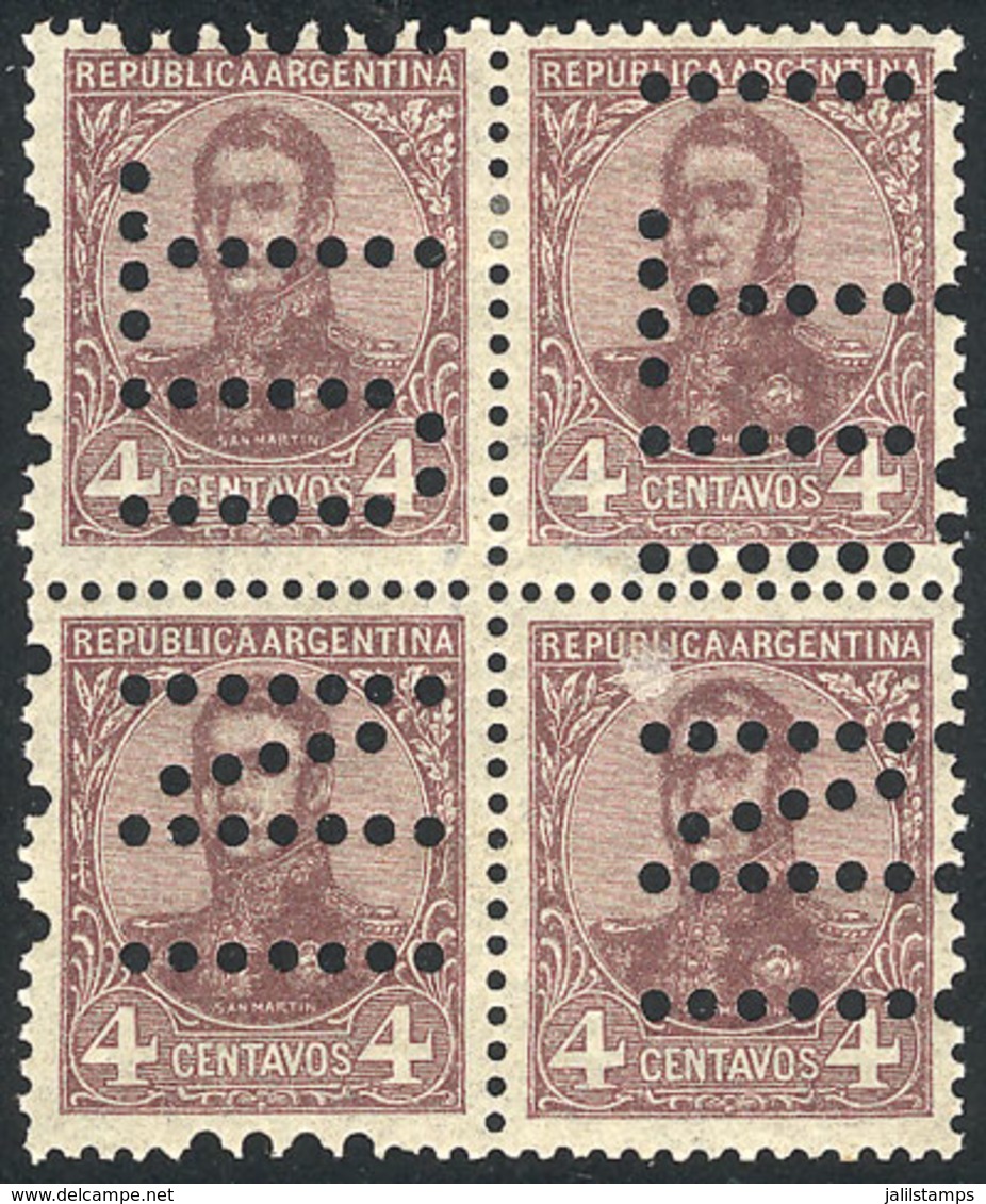 ARGENTINA: GJ.279, 4c. San Martín, Perf 13¼x12½, Block Of 4 With "INUTILIZADO" Perforation, VF Quality, Rare!" - Other & Unclassified