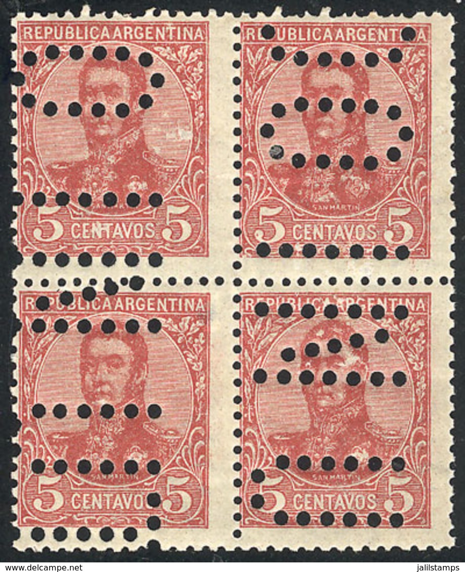 ARGENTINA: GJ.280, 5c. San Martín, Perf 13¼x12½, Block Of 4 With "INUTILIZADO" Perforation, VF Quality, Rare!" - Other & Unclassified