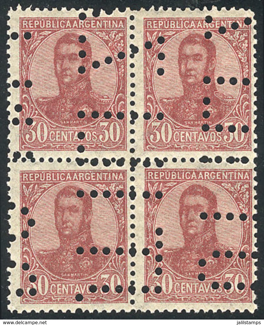 ARGENTINA: GJ.286, 30c. San Martín, Perf 13¼x12½, Block Of 4 With "INUTILIZADO" Perforation, VF Quality, Rare!" - Autres & Non Classés