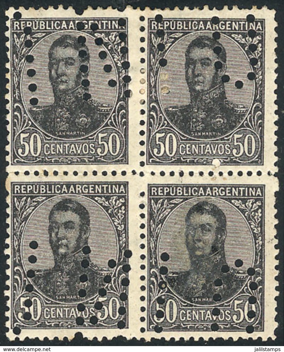 ARGENTINA: GJ.287, 50c. San Martín, Perf 13¼x12½, Block Of 4 With "INUTILIZADO" Perforation, VF Quality, Rare!" - Altri & Non Classificati